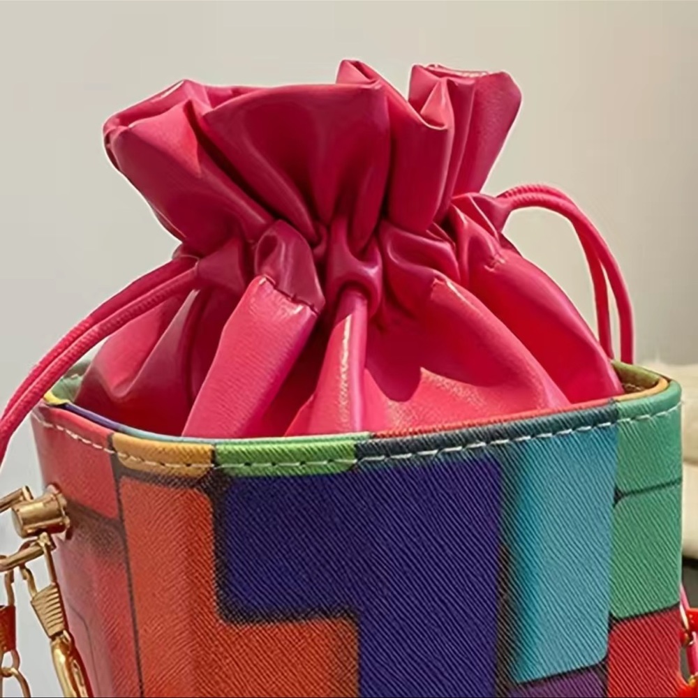 ๐โจ Trendy Colorblock Geometric Pattern Drawstring Bucket Bag, - Picture 3 of 3